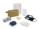 GÉNÉRALE DE SANTÉ CATARACT SURGERY KIT (LEATHER) | Personalised engraved leather washbag with sleep mask, tape, gauze, sterile occluder, polarised sunglasses, prescription reading glasses and information card.